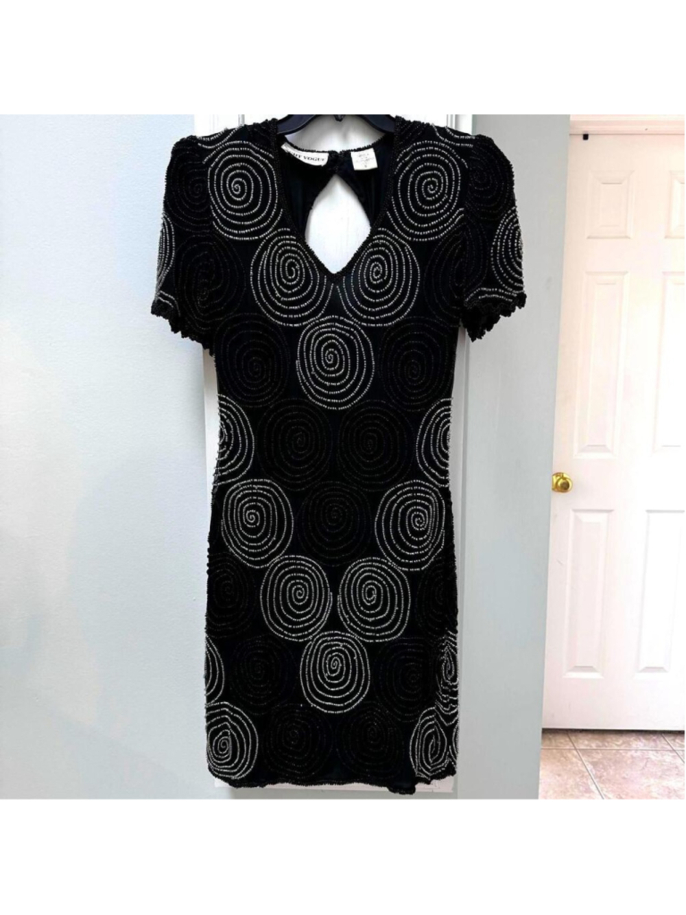 Vintage 80’s Night Vogue 100% Silk Beaded Cocktail Dress Black Silver